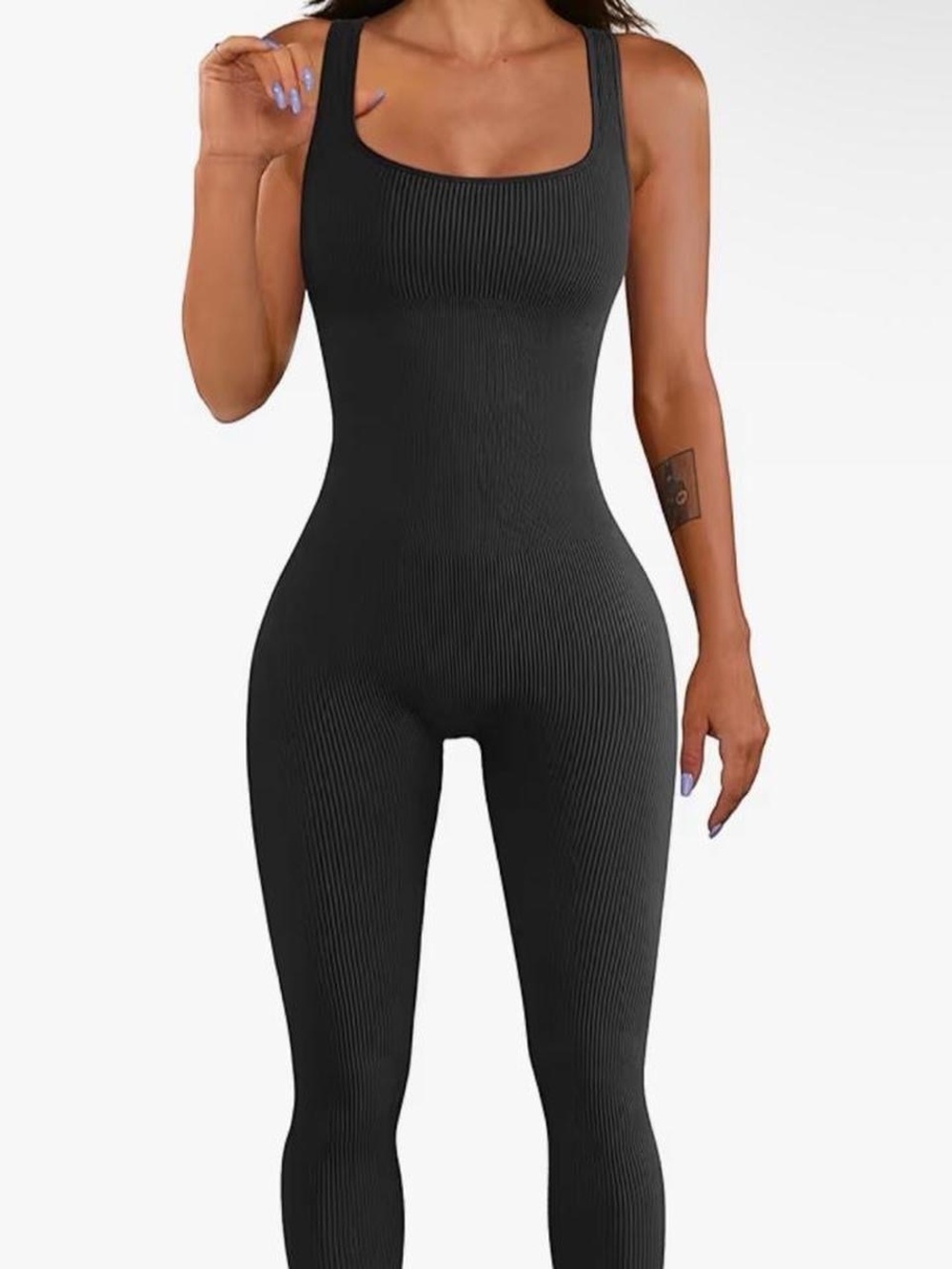 Seamless Ribbed Black Tank Jumpsuit - Women Tops